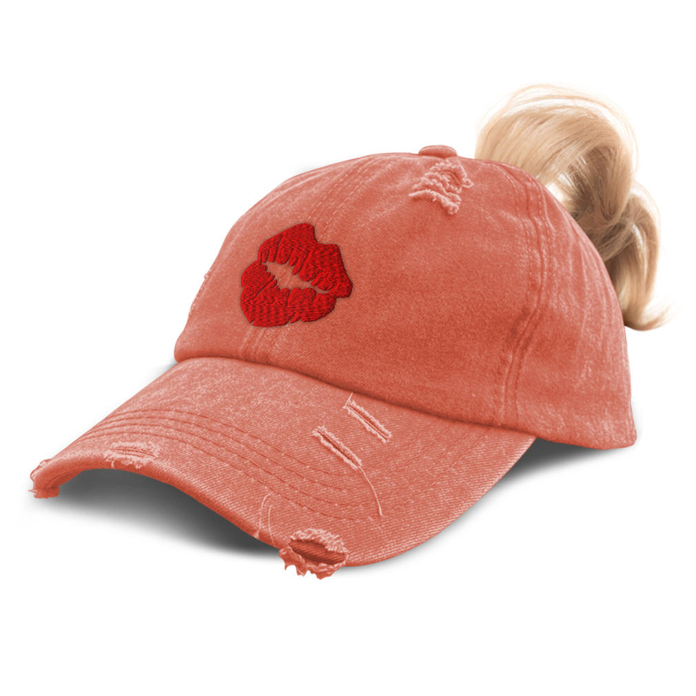 Womens Ponytail Baseball Cap Red Lips Kiss Embroidery Ponycap Messy High Bun - Picture 12 of 13
