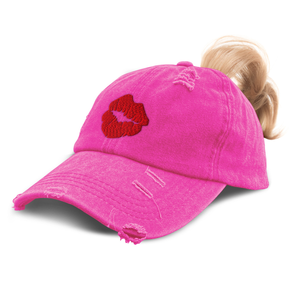 Womens Ponytail Baseball Cap Red Lips Kiss Embroidery Ponycap Messy High Bun - Picture 8 of 13