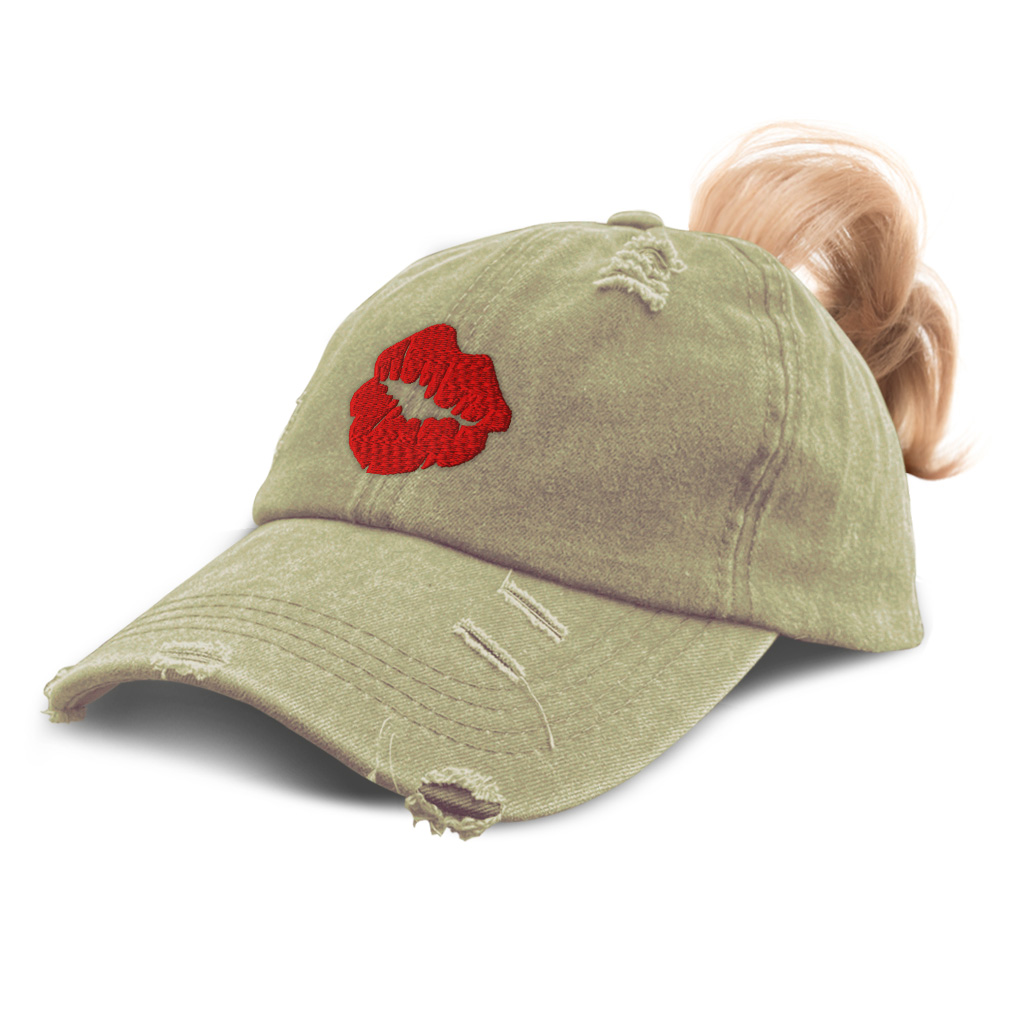 Womens Ponytail Baseball Cap Red Lips Kiss Embroidery Ponycap Messy High Bun - Picture 10 of 13